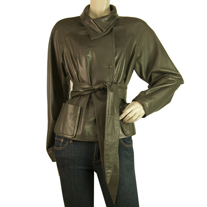 Jo Peters Olive Green Lambskin Leather Raglan Sleeves Belted Jacket