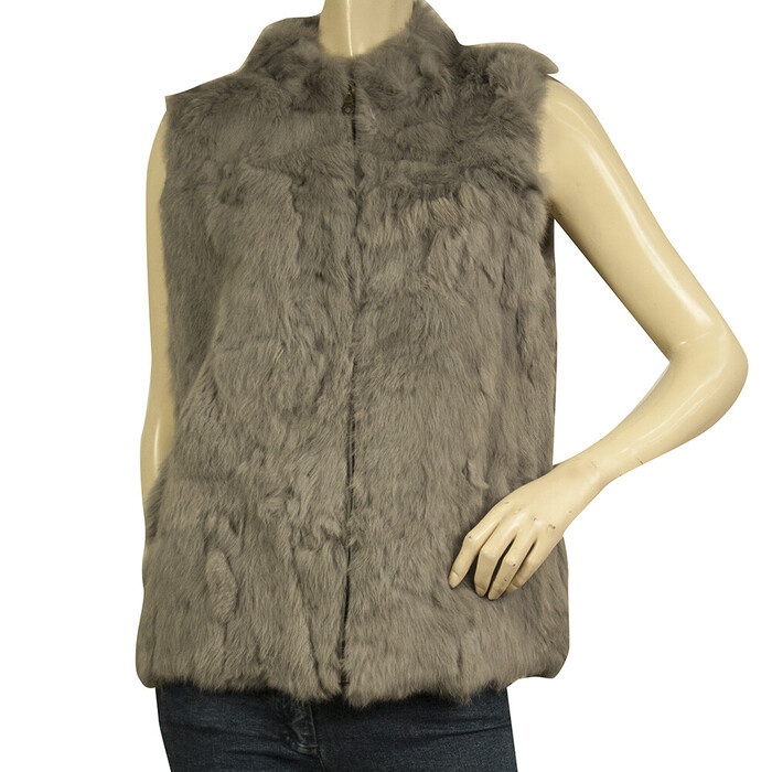 Genuine Rabbit Fur Gray Vest Sleeveless Jacket w. Zipper Coat Winter Gillet S/ M