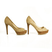 Brian Atwood Beige Suede Open Toe Pumps Slim High Wooden Heels Shoes sz 37