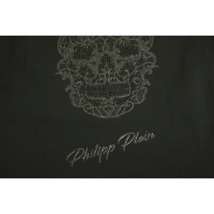 Philipp Plein Black Sheer Lace Front Rhinestones Skull logo Top Blouse Size S