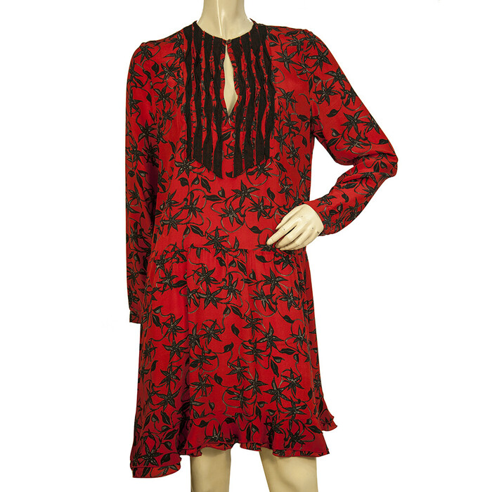 Zadig & Voltaire Remus Floral Print Red Black Ruffled 100% Silk Mini dress sz S