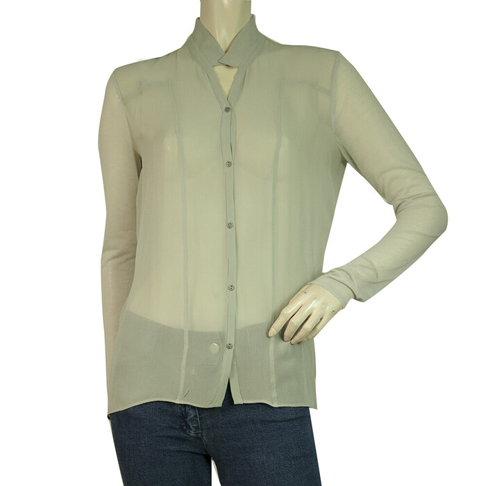 Helmut Lang Gray Long 100% Silk Sheer Blouse Button Shirt Top Size S