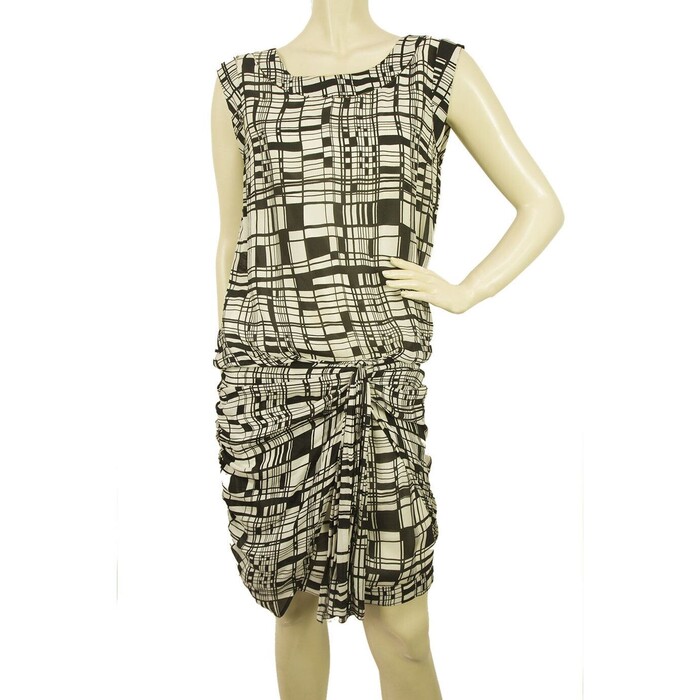 Anna Molinari Geometrical Printed Black White Silk Draped mini Dress