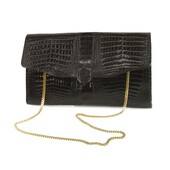 Vintage Black Croco Gold Tone Chain Flap Top Clutch Shoulder Evening Bag Handbag