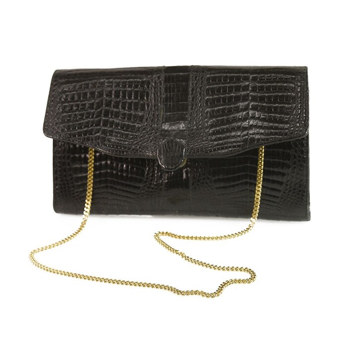 Vintage Black Croco Gold Tone Chain Flap Top Clutch Shoulder Evening Bag Handbag