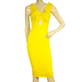 Bright Yellow Bodycon Below Knee Length Sleeveless Bow Midi Dress