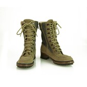 CHANEL Women's Khaki Suede & Grey wool Lambskin Ankle Lace up Boots Booties 38,5