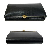 Gucci Vintage Black Lizard Leather Box Case Framed Clutch with goldtone hardware