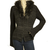 Roberto Cavalli Black Gray Fur Silver Shine Knit Cardigan Cardi Jacket sz M