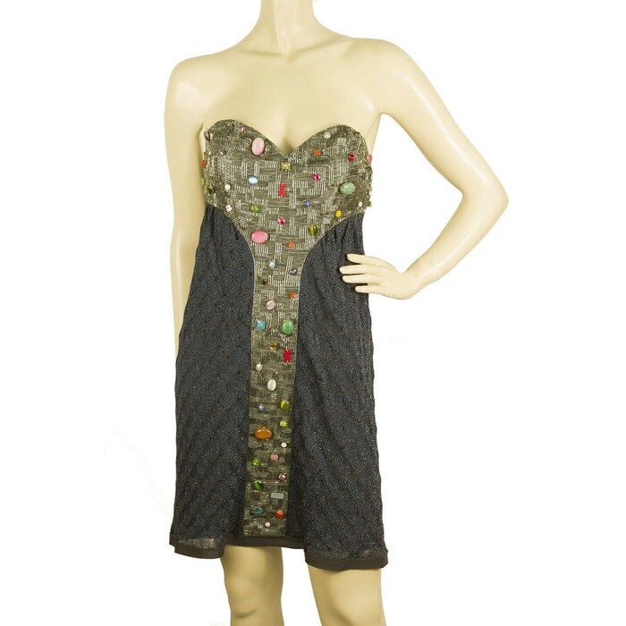 Missoni Blue Gray knitted Strapless mini embellished beaded dress IT size 44