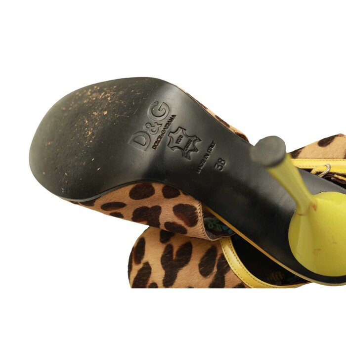 Dolce & Gabbana D&G Leopard Calf Hair Yellow Trim Heels Slingback Mules Shoes 38