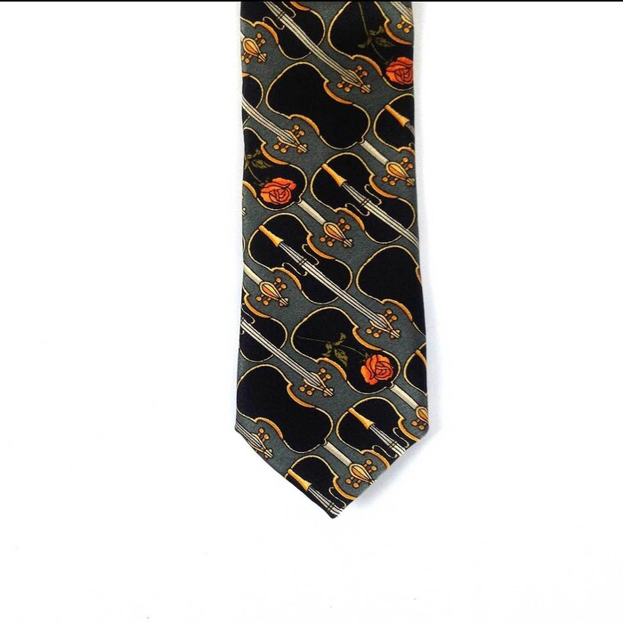 Yves Saint Laurent YSL Silk Gray Yellow Violin & Roses Neck Tie Necktie