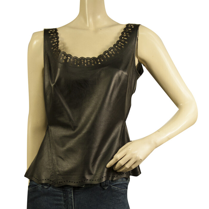 Zac Posen Black Laser Cut Leather Front Silk Back Sleeveless Tank Top size 8