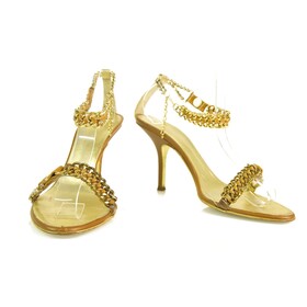 Roberto Cavalli gold &amp; tan leather chain sandals slides ankle strap sz 37