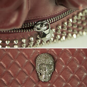 Philipp Plein Burgundy Diamond Quilted Leather Spike Studded Skull Backpack