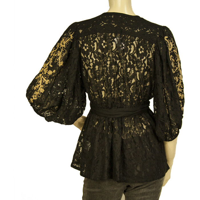 Miss June Black Lace Gold Floral Embroidery Puff Sleeves Tunic Blouse Top