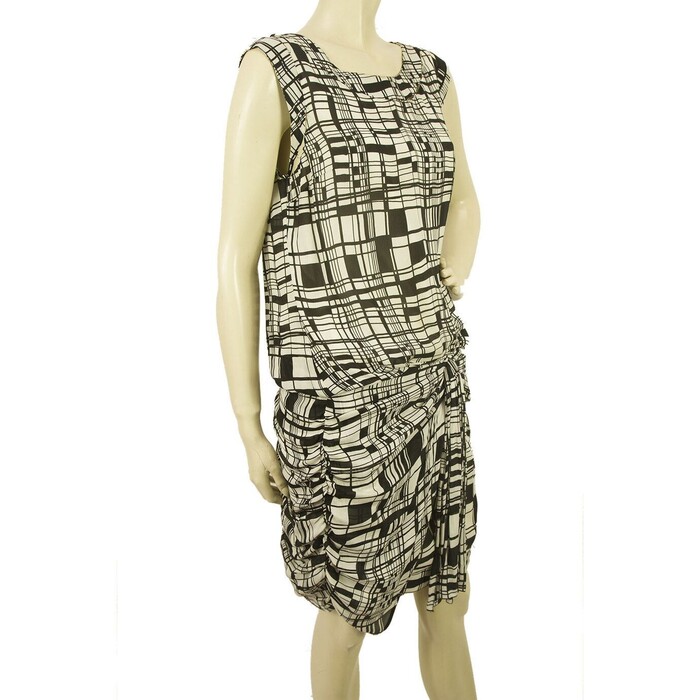 Anna Molinari Geometrical Printed Black White Silk Draped mini Dress