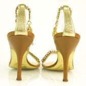 Roberto Cavalli gold & tan leather chain sandals slides ankle strap sz 37