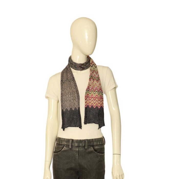 Missoni Gray Multicolor Zig Zag Metallic Shine Knit Long Foulard Scarf Shawl