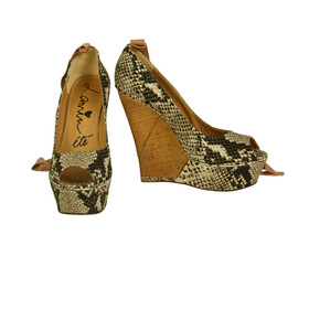 Lanvin Sake Pattern Canvas High Cork Heel Wedges Platform Peep Pumps Shoes 40