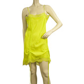 Gold Hawk Yellow Lime Lace Trim Mini Sleeveless Spaghetti 100% Silk Dress size M