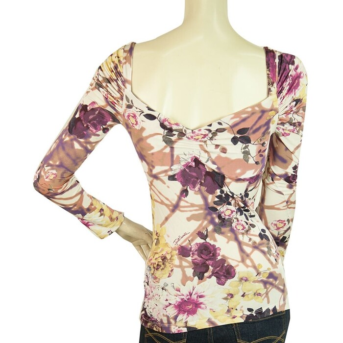 Just Cavalli Floral Long Sleeves Pleated Shoulders Fitted Top Blouse