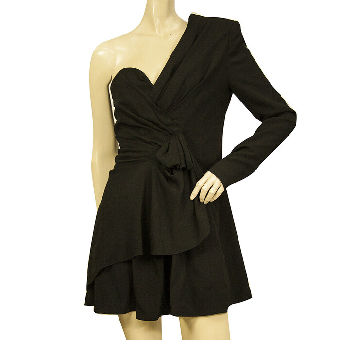 Saint Laurent black one sleeve bow-embellished layered mini dress FR 38