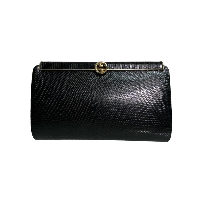 Gucci Vintage Black Lizard Leather Box Case Framed Clutch with goldtone hardware