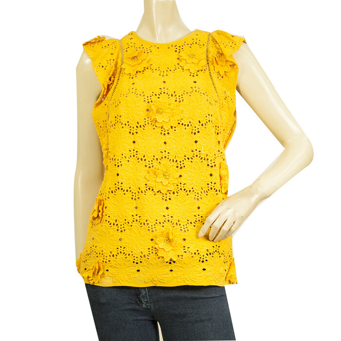 Michael by Michael Kors Yellow Silk Floral Embroidery Ruffles Top Blouse size 2