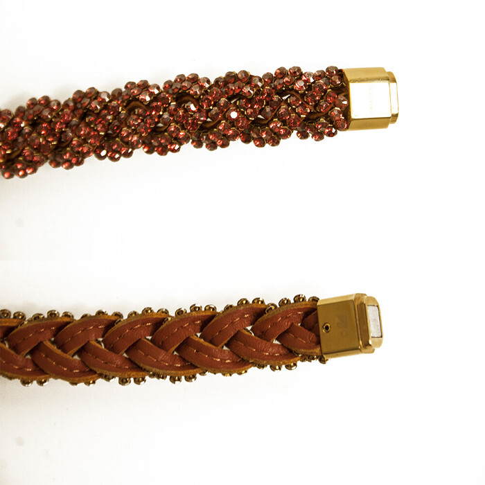 Swarovski Orange Red Crystals  Brown Leather Braided Bracelet