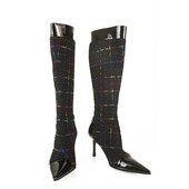 Gina Tweed Fabric Black Patent Leather Boots Slim heels Shoes Back Zipper sz 6