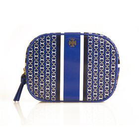 Tory Burch Blue White Chain Pattern Canvas Zipper Clutch Handbag Toiletry Bag