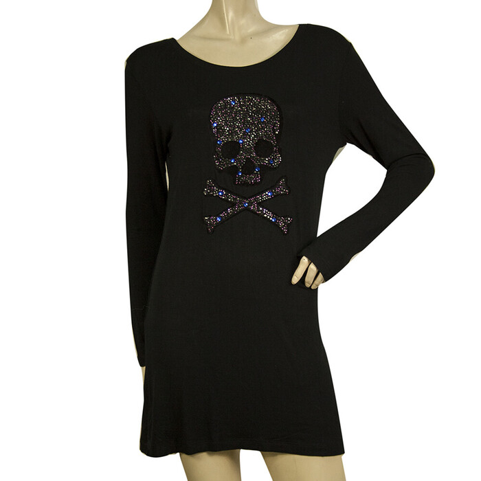 Philipp Plein Black Long Sleeves Rhinestones Skull T-shirt Mini Dress size XL