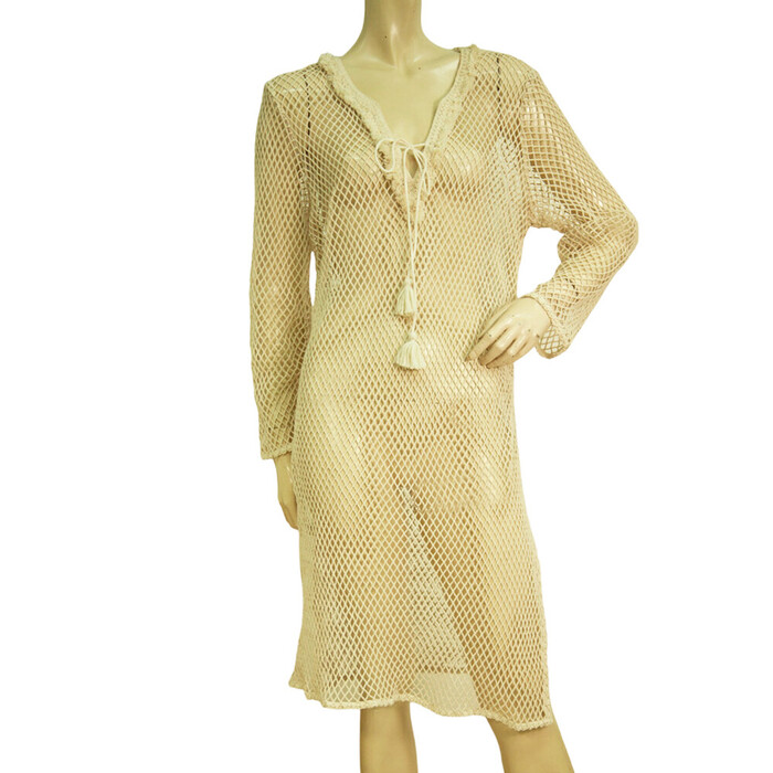 Lara Ethnics Beige Net Kaftan Cover Up Beach Summer Tassels Slits Dress - OS