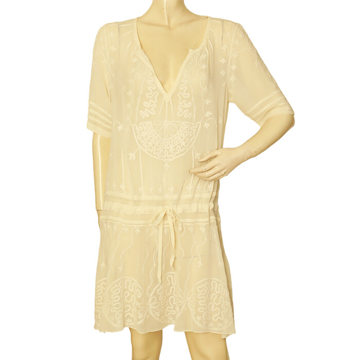 Temperley London Ivory Silk Embroidered Sheer Short Sleeve Mini Dress size UK 10