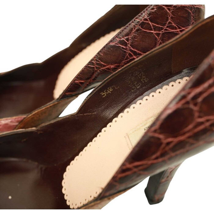 Prada Burgundy Brown Reptile Embossed Leather Round Toe Pumps Heels Shoes 37