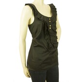 Juicy Couture Black Ruffled Cotton Tank Vest Blouse Top w. Gold Buttons - Size 4