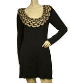 Temperley Black Silk Knit Beige Gold Crochet Bib Long Sleeves Mini Dress size L