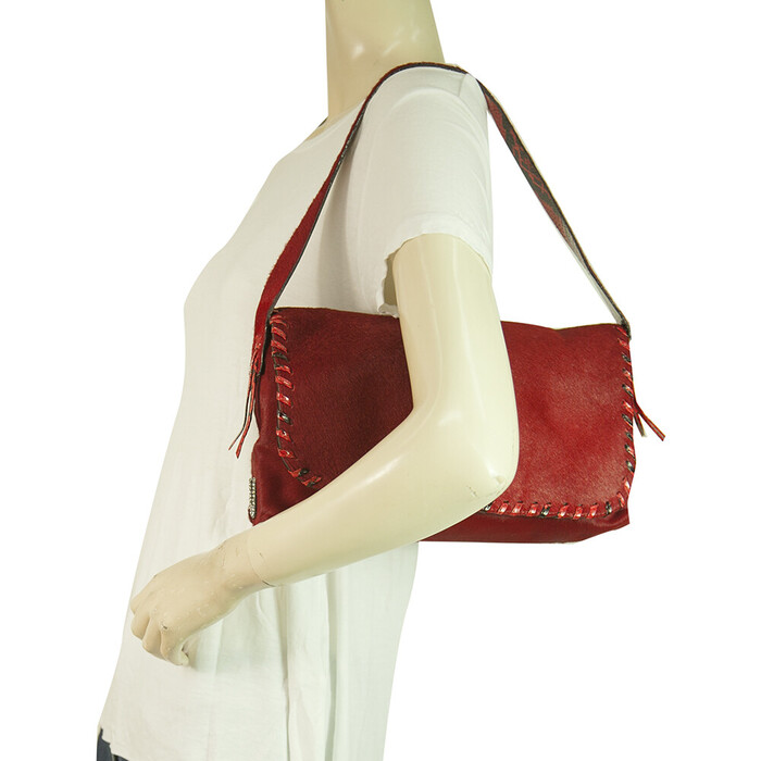 Emanuel Ungaro Red Calf Hair Flap Top Snake Trim Baguette Shoulder Bag Handbag