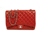 CHANEL Red Caviar Leather Classic Double Flap Maxi Bag Silver hardware