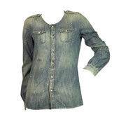 DSquared Blue Denim Woman's Collarless Button Down Distressed Look Shirt - SZ 40