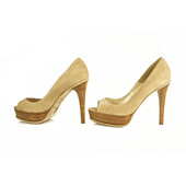 Brian Atwood Beige Suede Open Toe Pumps Slim High Wooden Heels Shoes sz 37