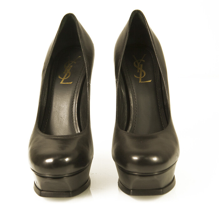 Yves Saint Laurent YSL Tribute Black Leather Round toe Platform Heels Pumps 40