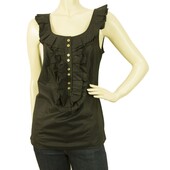 Juicy Couture Black Ruffled Cotton Tank Vest Blouse Top w. Gold Buttons - Size 4