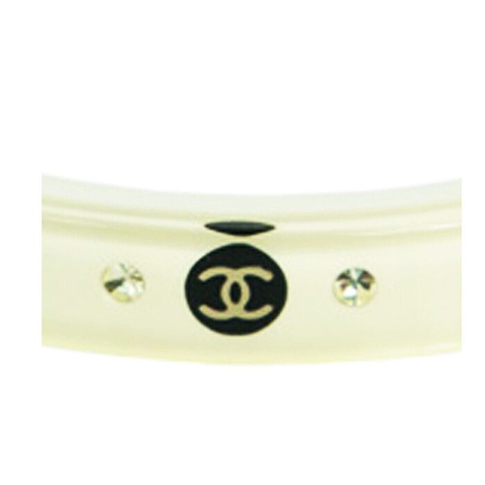 CHANEL CC Logo Bangle Bracelet In Clear & White Resin with rhinestones