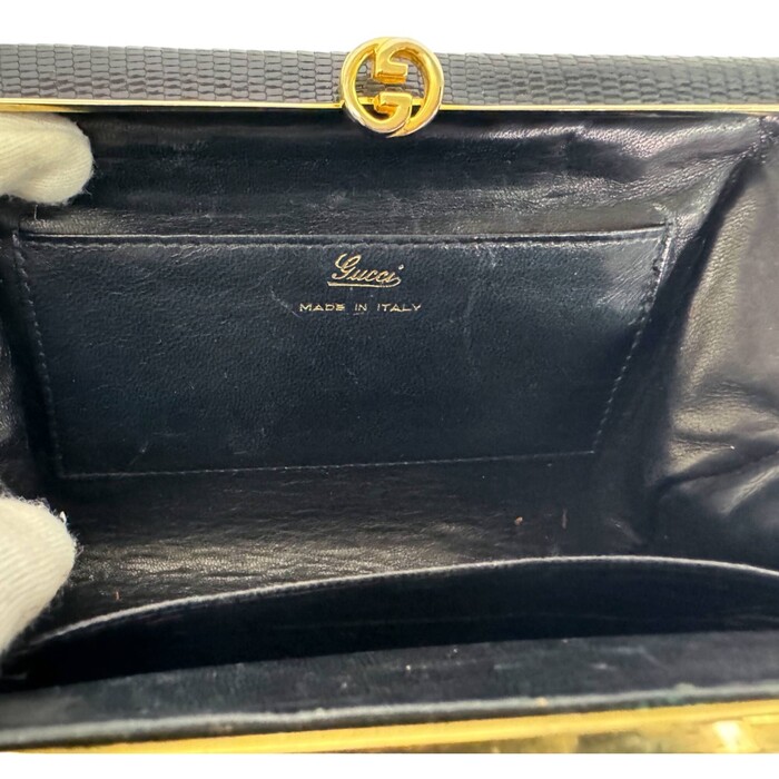 Gucci Vintage Black Lizard Leather Box Case Framed Clutch with goldtone hardware