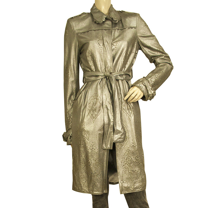 Emilio Pucci silver perforated lambskin belted robe manteau coat size 6, IT 40