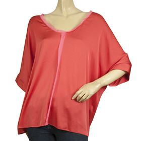 Elie Tahari Silk Coral Color &amp; Pink Trim Dolma Short Sleeves Blouse Top Size L