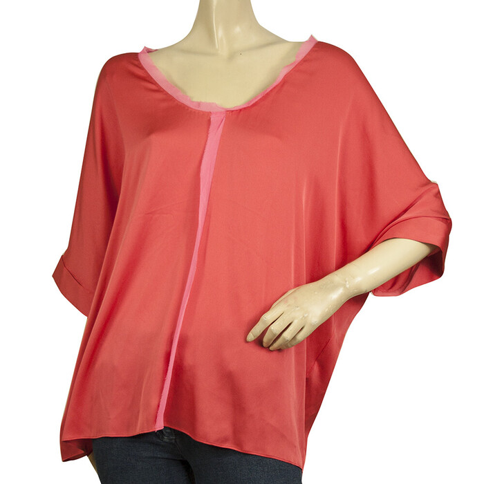 Elie Tahari Silk Coral Color & Pink Trim Dolma Short Sleeves Blouse Top Size L