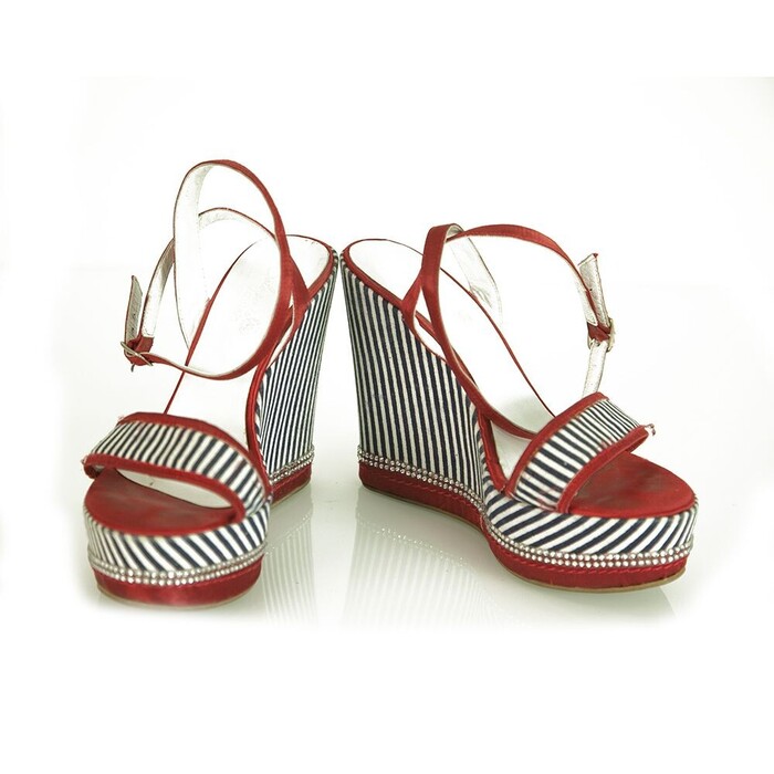 Solo Per Te Blue White Stripes Red Crystals Wedge Platform Sandals shoes ( 39 ?)